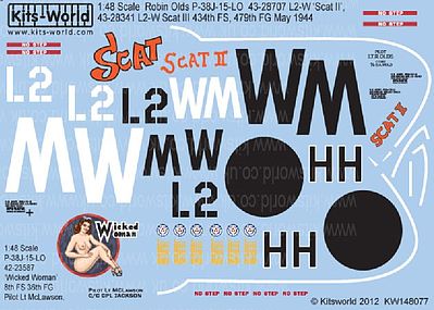 Warbird P38J Scat, Scat II, Wicked Woman Plastic Model Aircraft Decal 1/48 Scale #148077