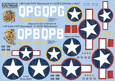 Warbird P47C California or Bust, Wela Kahao Plastic Model Aircraft Decal 1/48 Scale #148116