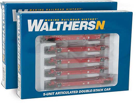 WalthersN 2-Pack 5-Unit Articulated 48 Well Car Santa Fe SFLC 254165, 254181 (red, black, white) - N-Scale