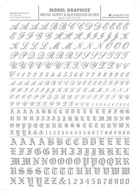 Woodland Script/Old English Letters and Numbers (Silver) Dry Transfer Model Railroad Decals #758