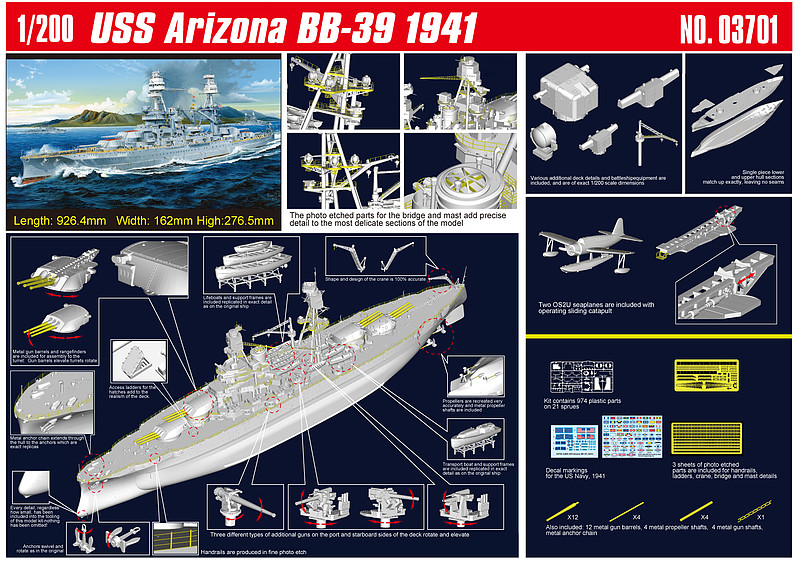 Trumpeter TSM3701 1/200 USS Arizona BB39 Battleship 1941 9580208037011 