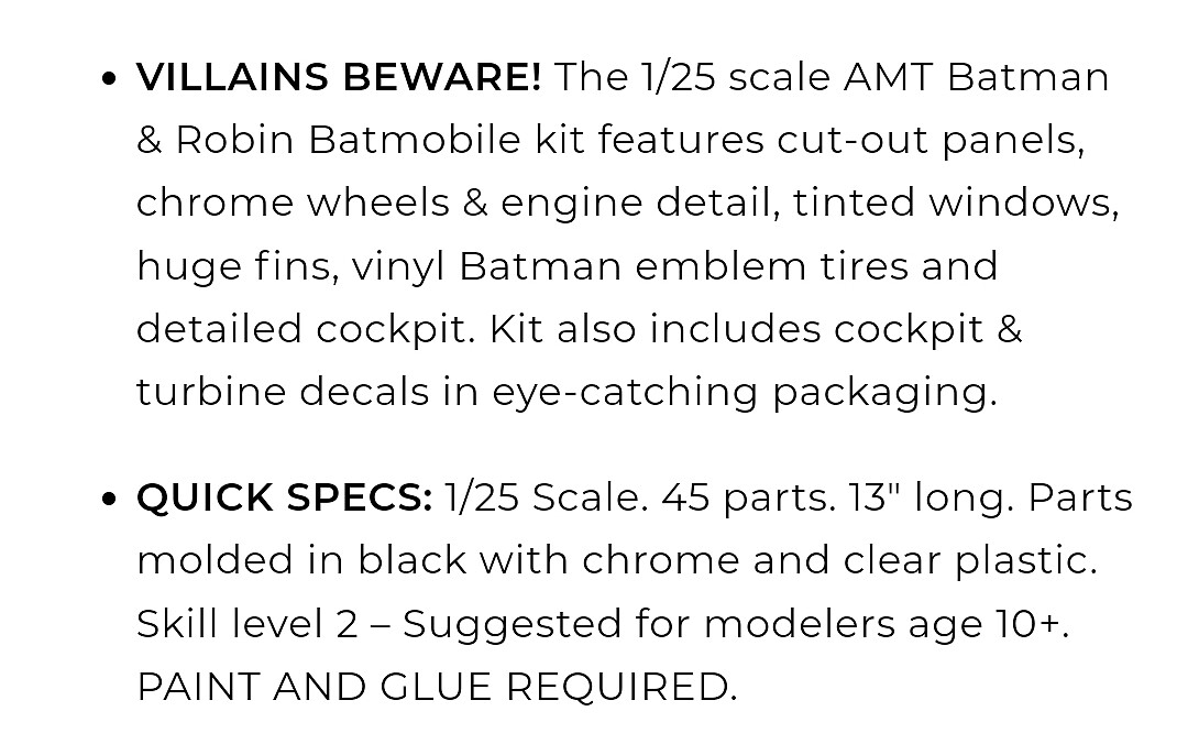 Amt Robin Model Batman & Robin Movie Batmobile -- Plastic Model Car Vehicle Kit -- 1/25 ...