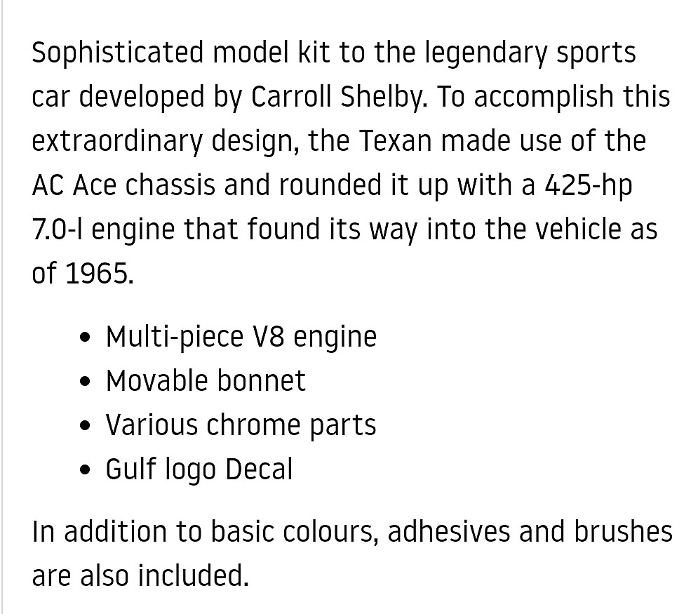 1965 Shelby Cobra 427 Sports Car (paint & glue) Plastic Model Car