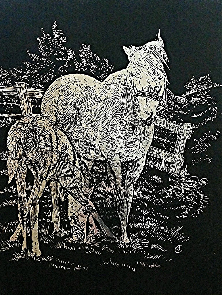 Silver Foil Engraving Art Mare & Foal Scratch Art Metal Art Kit 